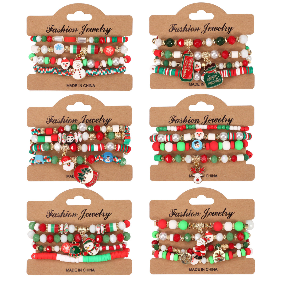 Christmas Beaded Charm Bracelet Set – Festive Santa, Snowman, Reindeer & Christmas Tree Jewelry