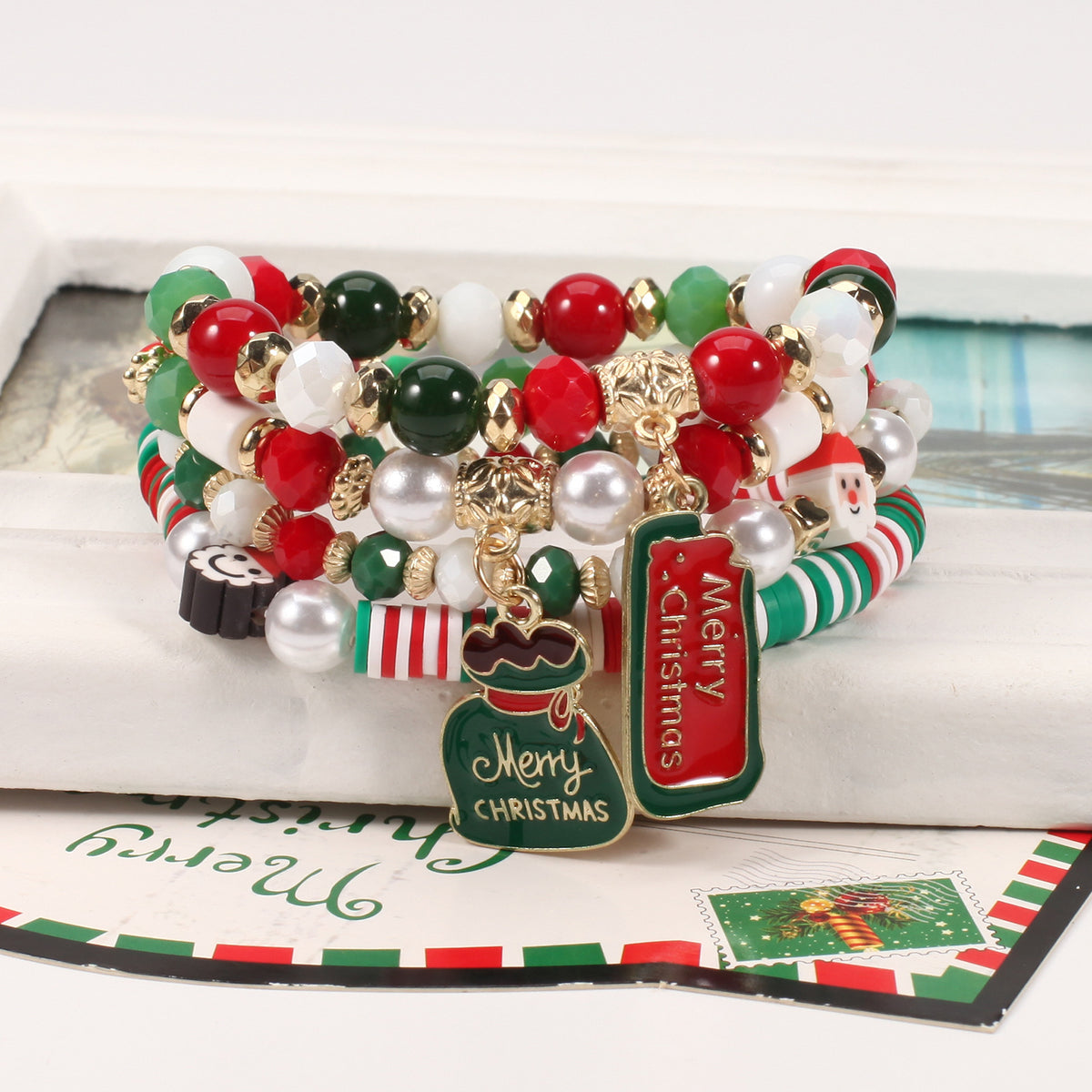 Christmas Beaded Charm Bracelet Set – Festive Santa, Snowman, Reindeer & Christmas Tree Jewelry
